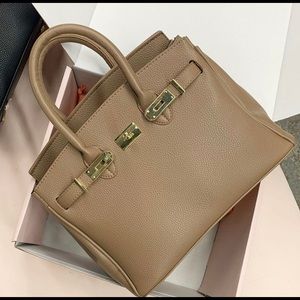 Lock Closure Top Handle Handbag in Tan Faux Leather